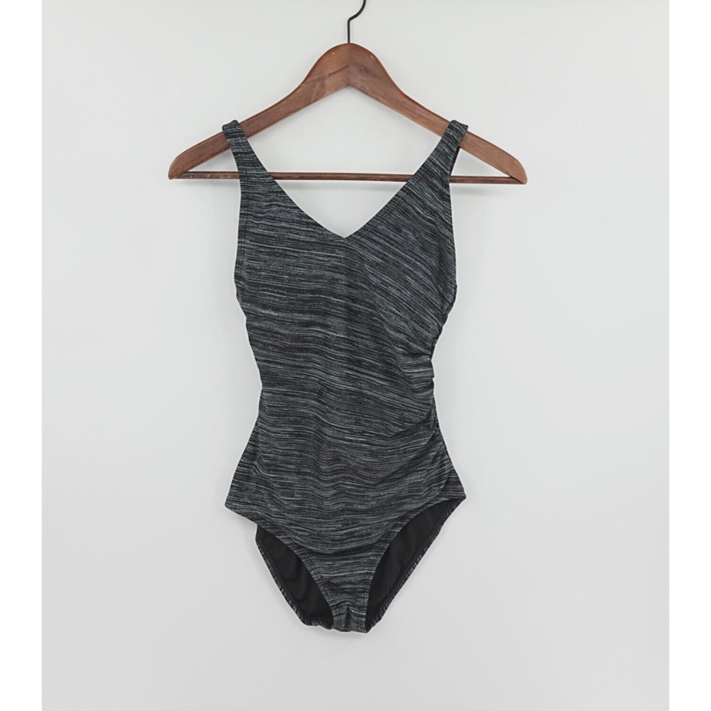Speedo Swimsuit One Piece Womens 6 Gray Striped Ruched Comfort Modest